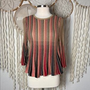 Rapsodia Tee Knit Pleat Quarter Sleeve Red and Cream Blouse M
